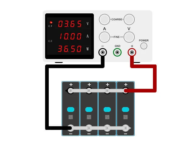 Diagram showing a DC power supply charging a series of battery cells.